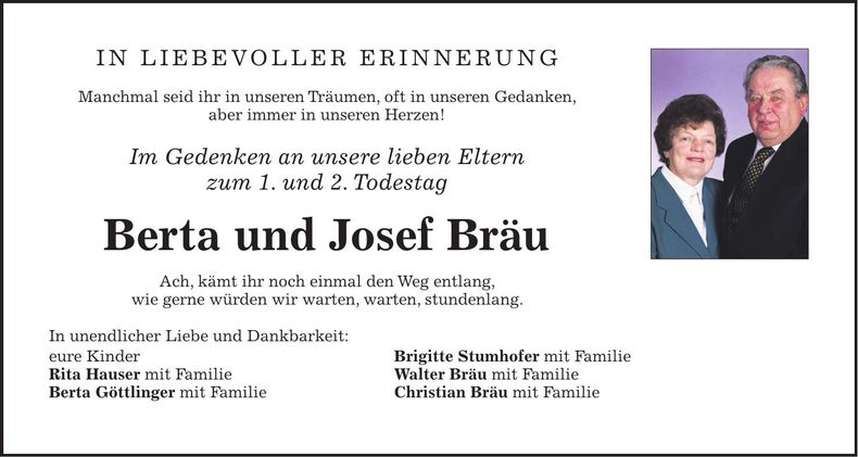 Traueranzeige Berta u. Josef Bräu