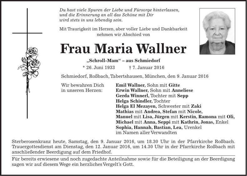 Traueranzeige Maria Wallner