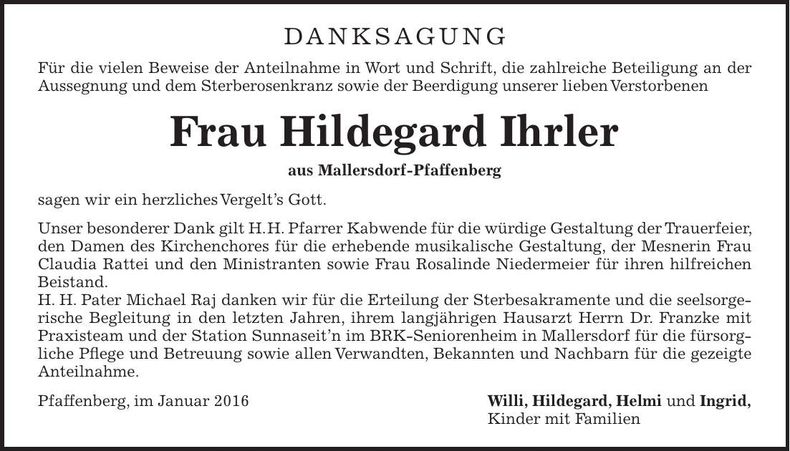 Traueranzeige Hildegard Ihrler