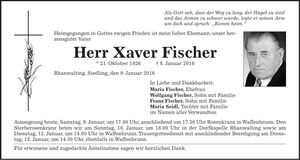 Traueranzeige Xaver Fischer