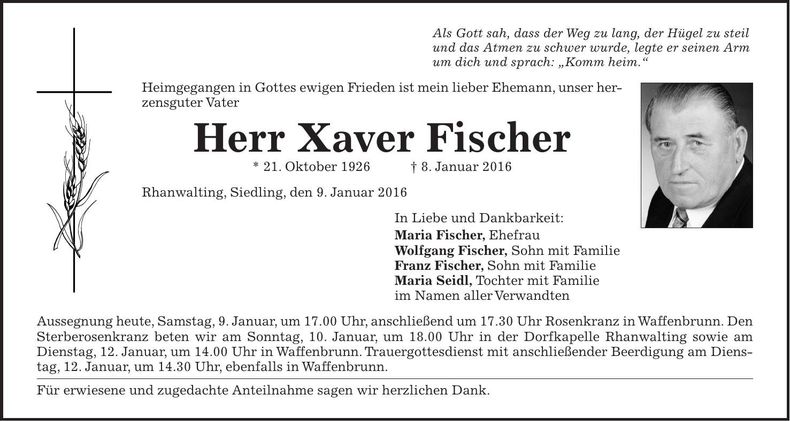 Traueranzeige Xaver Fischer