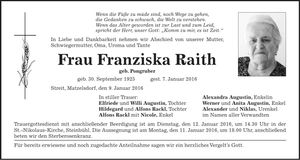 Traueranzeige Franziska Raith