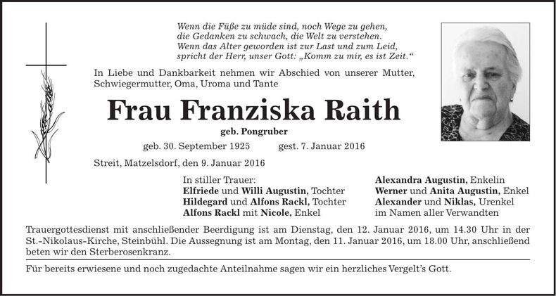 Traueranzeige Franziska Raith