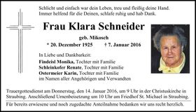 Traueranzeige Klara Schneider