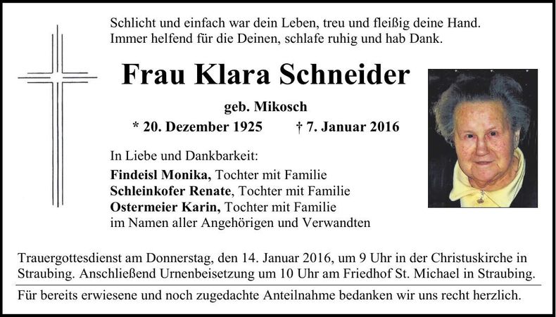 Traueranzeige Klara Schneider