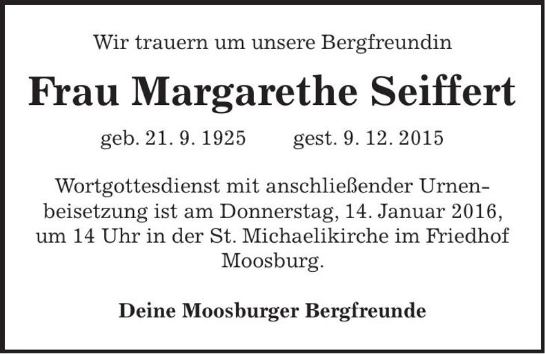 Traueranzeige Margarethe Seiffert