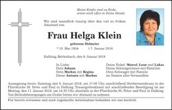 Traueranzeige Helga Klein