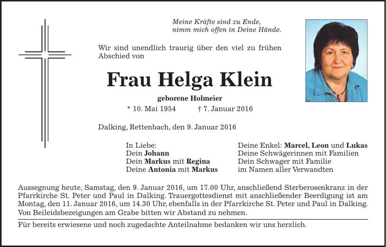 Traueranzeige Helga Klein