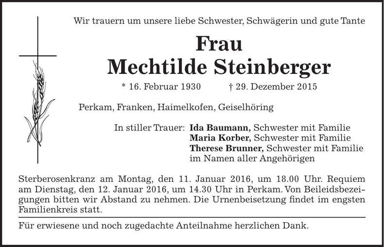 Traueranzeige Mechtilde Steinberger