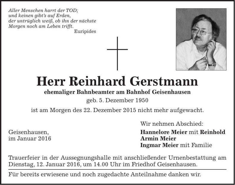 Traueranzeige Reinhard Gerstmann