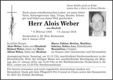 Traueranzeige Alois Weber