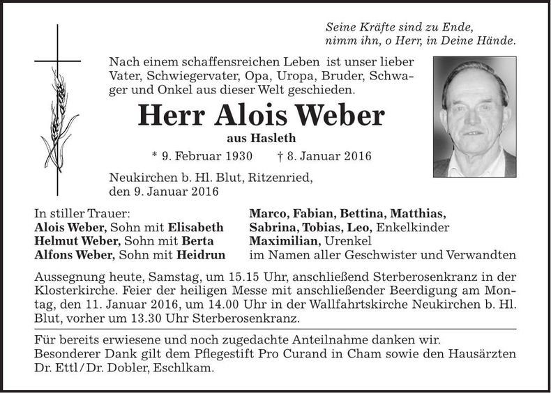 Traueranzeige Alois Weber