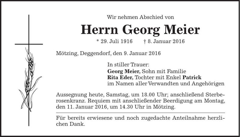 Traueranzeige Georg Meier