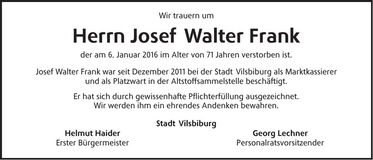 Traueranzeige Josef Walter Frank