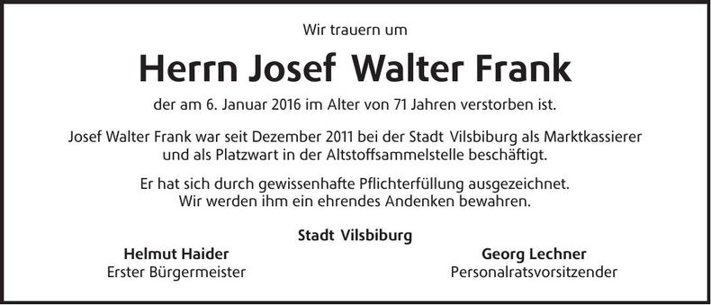 Traueranzeige Josef Walter Frank