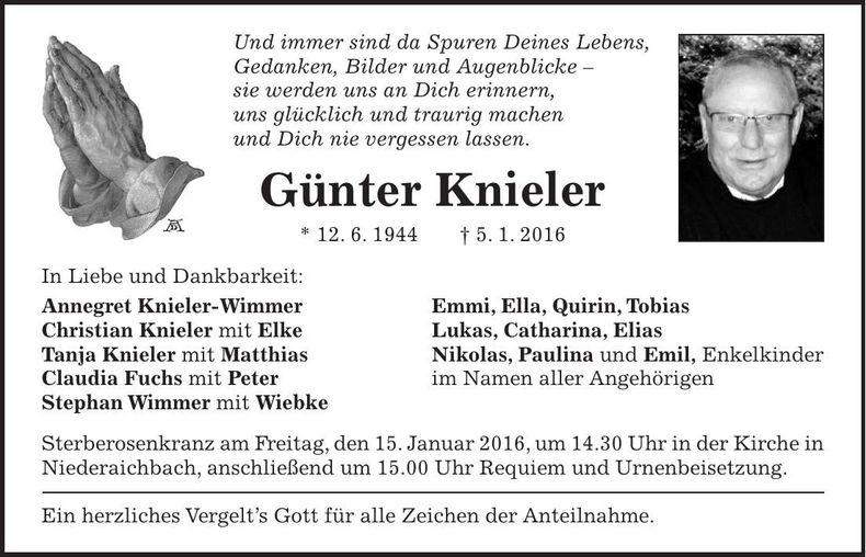 Traueranzeige Günter Knieler