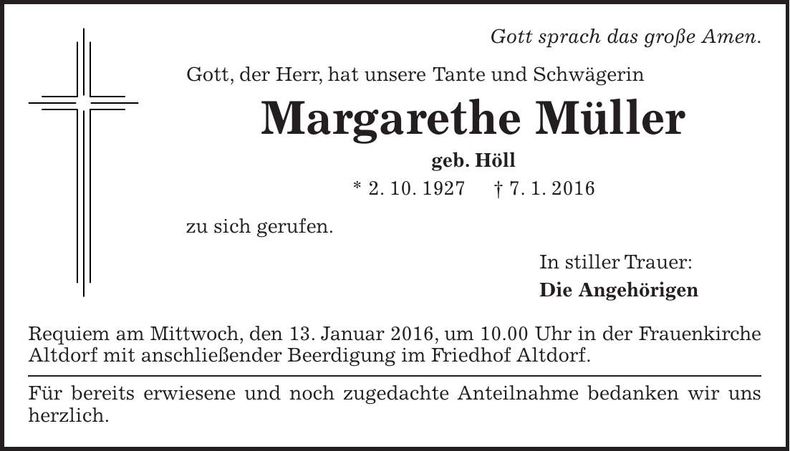 Traueranzeige Margarethe Müller