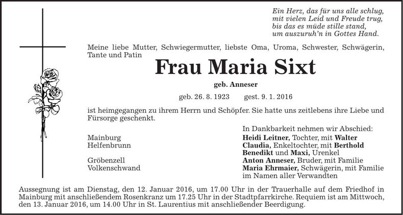 Traueranzeige Maria Sixt