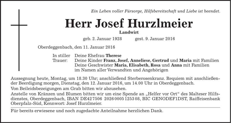 Traueranzeige Josef Hurzlmeier