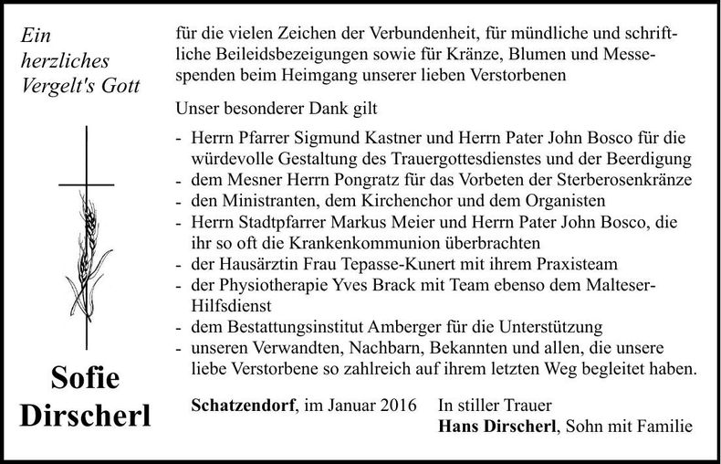 Traueranzeige Sofie Dirscherl