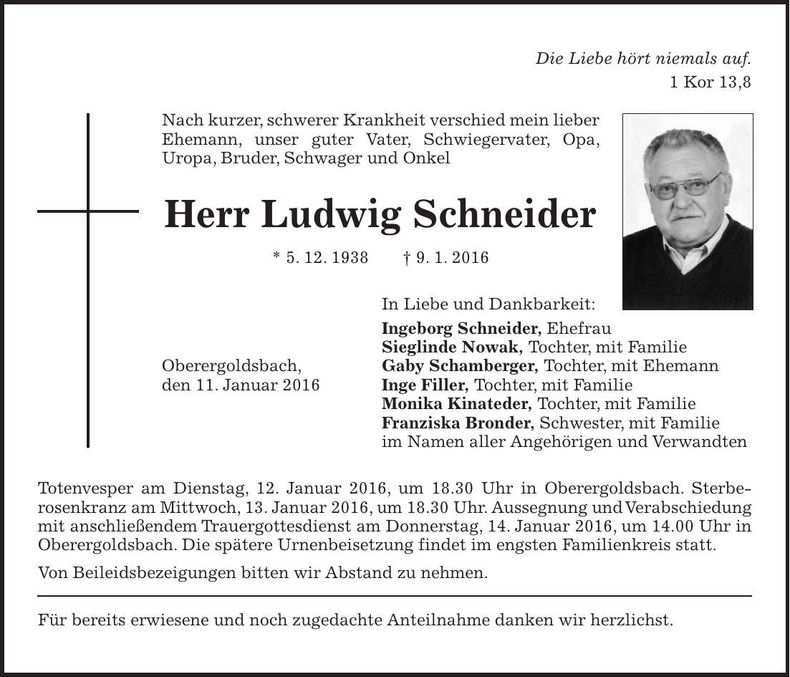 Traueranzeige Ludwig Schneider