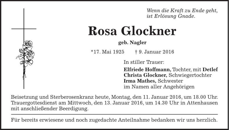 Traueranzeige Rosa Glockner