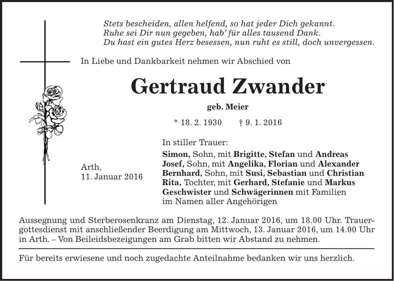 Traueranzeige Gertraud Zwander