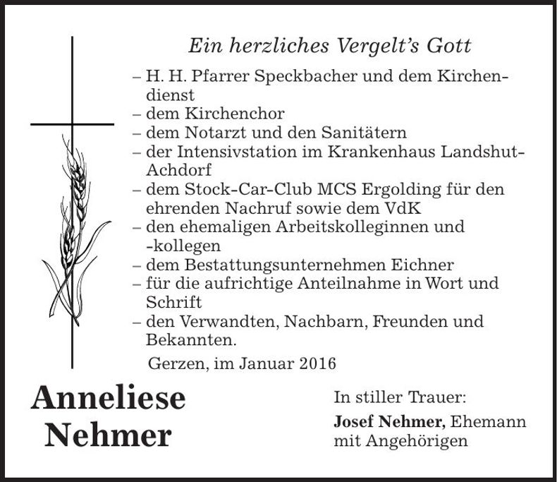 Traueranzeige Anneliese Nehmer