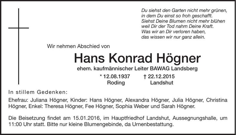 Traueranzeige Hans Konrad Högner