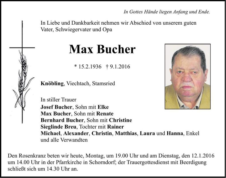 Traueranzeige Max Bucher