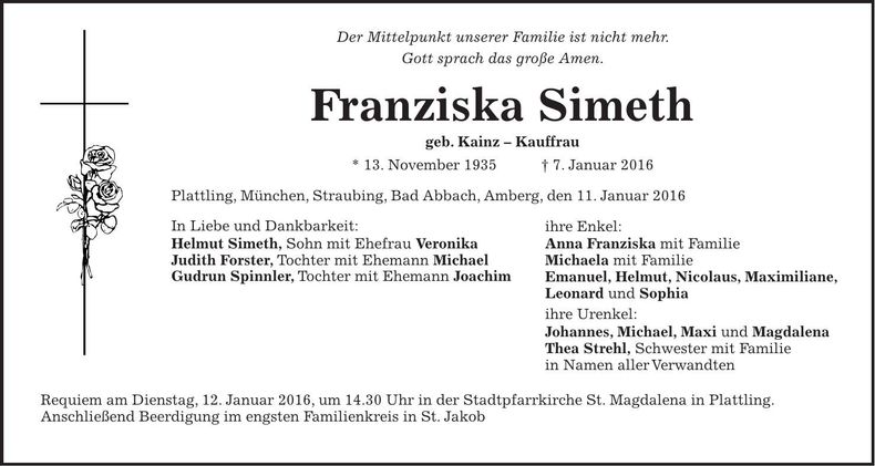 Traueranzeige Franziska Simeth