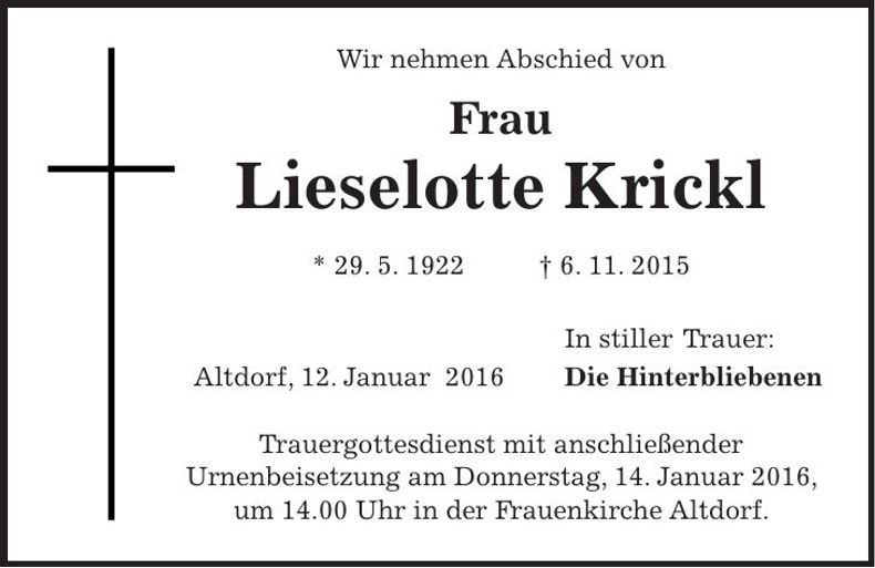 Traueranzeige Lieselotte Krickl