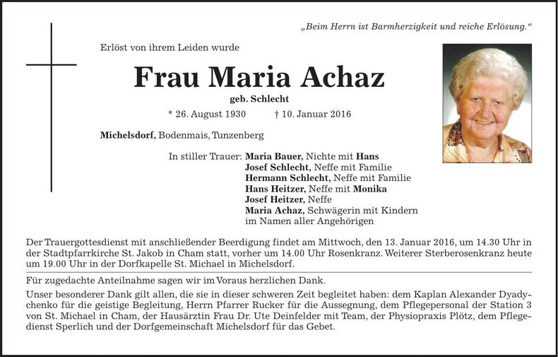 Traueranzeige Maria Achaz