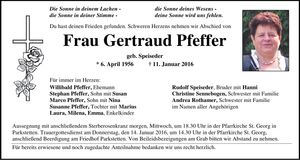 Traueranzeige Gertraud Pfeffer