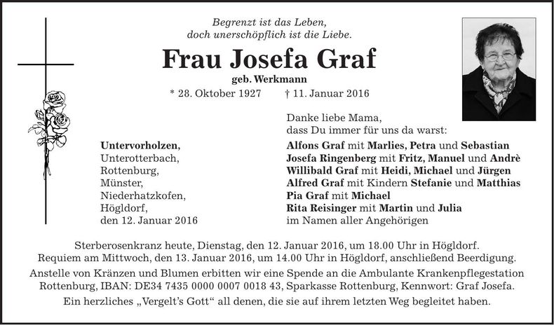 Traueranzeige Josefa Graf