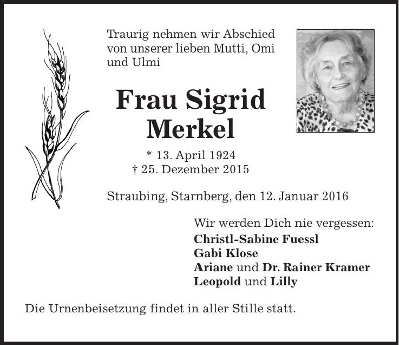 Traueranzeige Sigrid Merkel