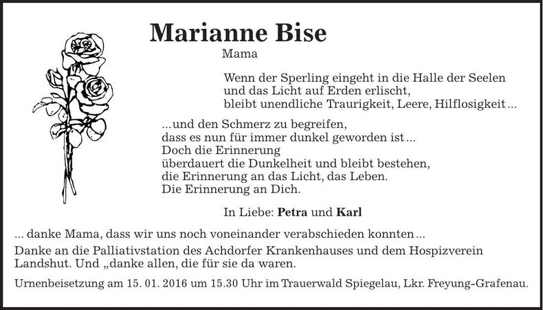 Traueranzeige Marianne Bise
