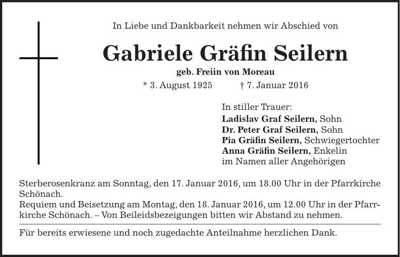 Traueranzeige Gabriele Gräfin Seilern