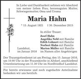 Traueranzeige Maria Hahn