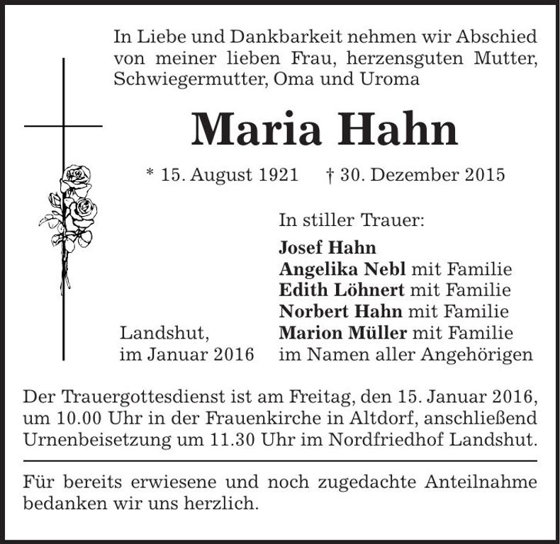 Traueranzeige Maria Hahn