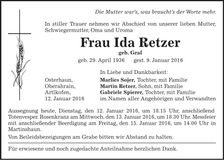 Traueranzeige Ida Retzer