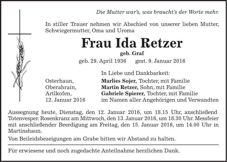 Traueranzeige Ida Retzer