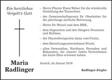 Traueranzeige Maria Radlinger