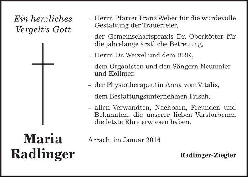 Traueranzeige Maria Radlinger