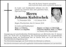 Traueranzeige Johann Kubitschek