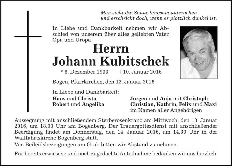 Traueranzeige Johann Kubitschek