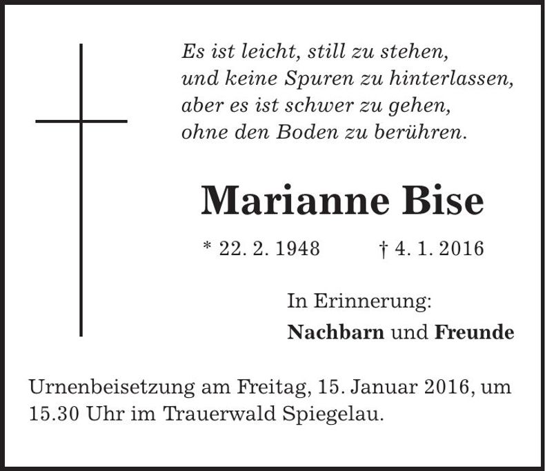 Traueranzeige Marianne Bise