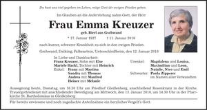 Traueranzeige Emma Kreuzer