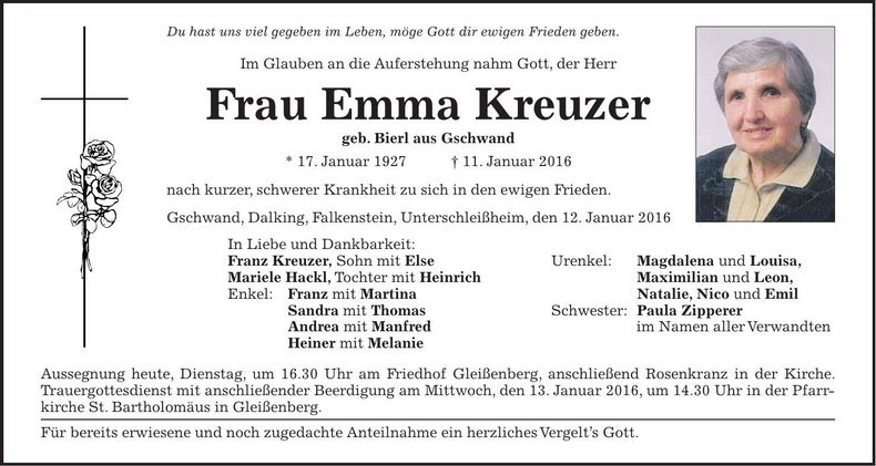 Traueranzeige Emma Kreuzer