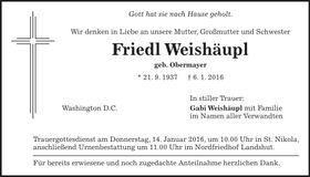 Traueranzeige Friedl Weishäupl